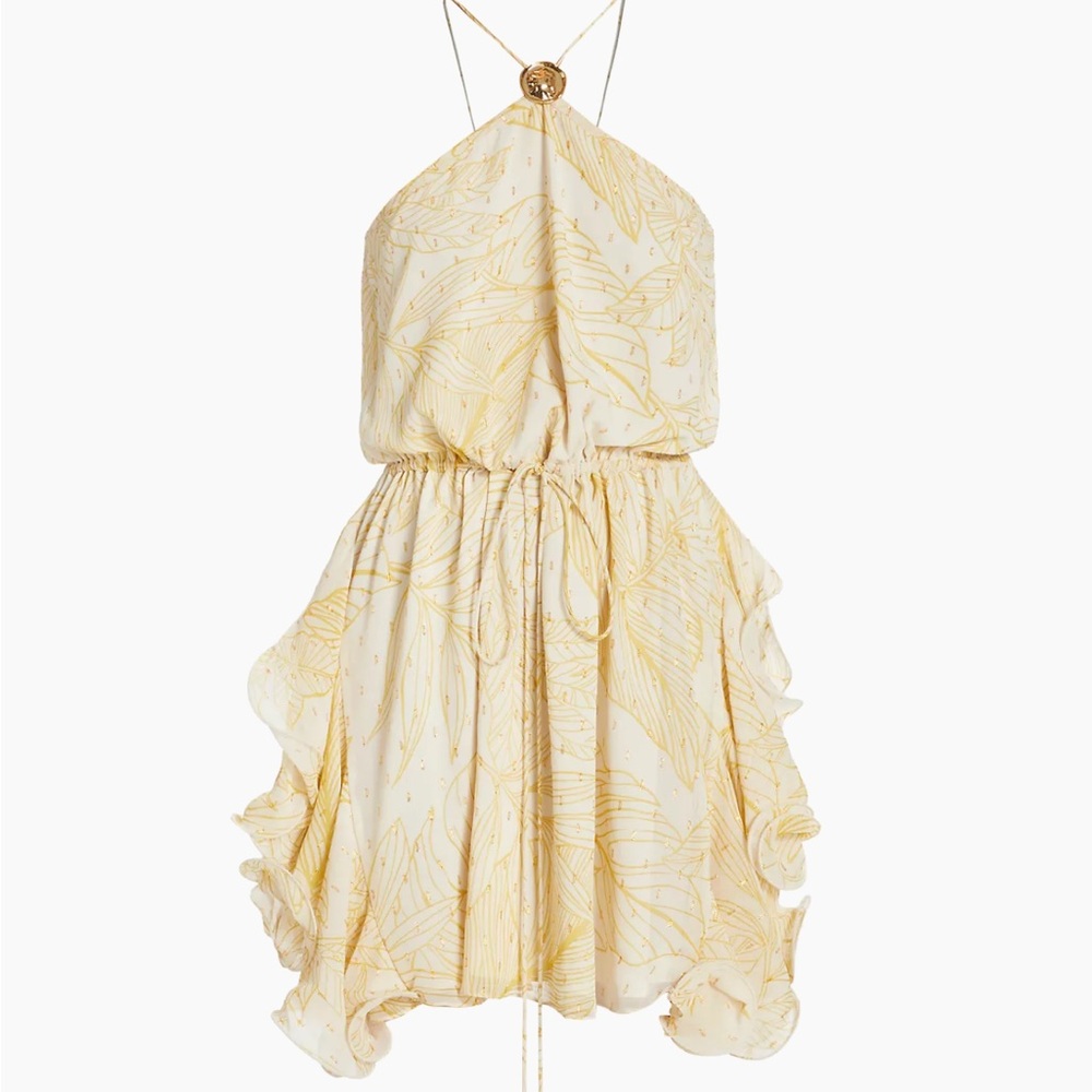 Alexis Asia Georgette Elegant Yellow Halter Mini Dress Large